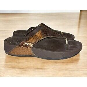 Fitflop 8 Lulu Flip Flops Metallic Bronze Brown Sequin Comfort Sandals
